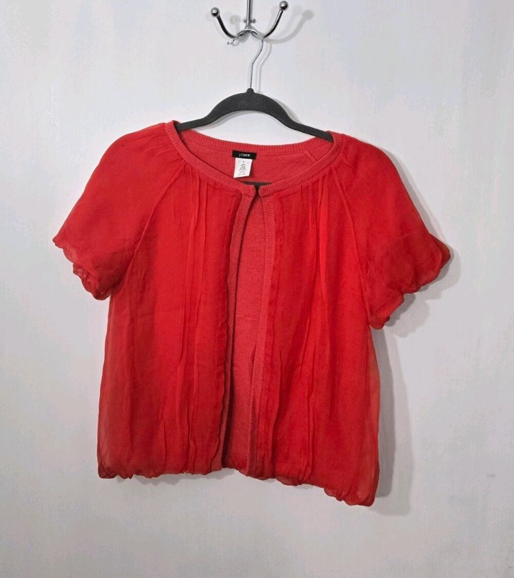 J. Crew SZ S Clara Silk Cashmere Chiffon Short Puff Sleeve Cardigan preppy red